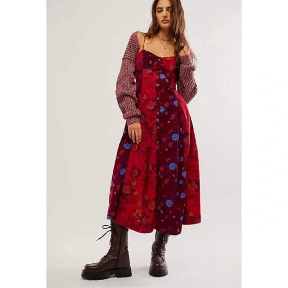 Free People Gail Midi Dress Sweetheart Grunge patchwork Corduroy Scarlet Combo S - Picture 7 of 13
